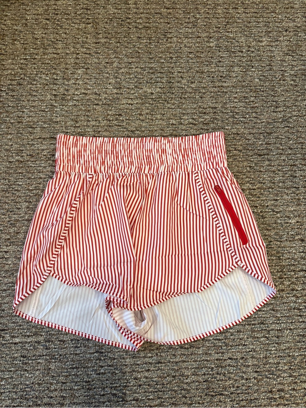 Striped Red Women’s Athletic Shorts with Zip Pocket